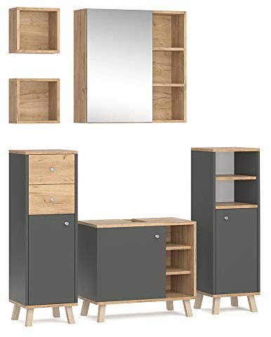 Vicco Badmöbel-Set Senyo, Anthrazit, 62 cm, besteht aus Spiegelschrank, Waschbeckenunterschrank, 2X Midischrank und 2X Badregal