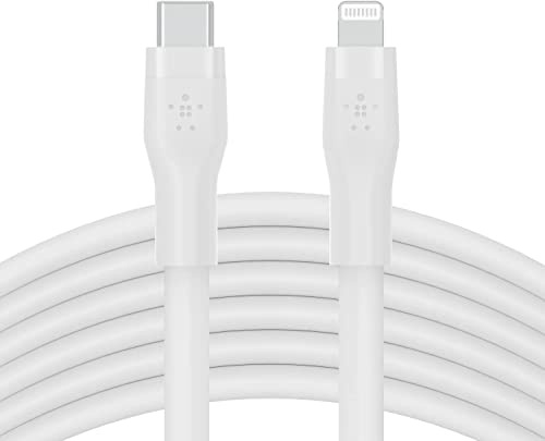 Belkin Cable de silicona USB-C a Lightning de 3 m BoostCharge Flex, Certificación MFi, Carga Rápida PD de 20 W para iPhone 14/14 Plus, 13, 12, Pro, Max, Mini, SE, iPad y Otros, Blanco