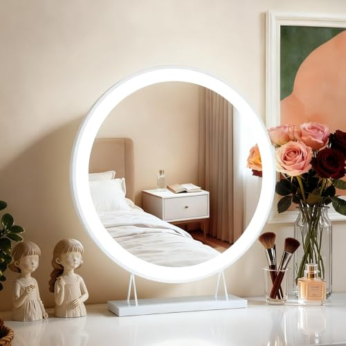 Heilmetz Dressing Table Mirror 48 cm Round, 3 Light Colours, Dimmable | Touch Control, Memory Function, Freestanding Base, White Frame, For Dressing Tables
