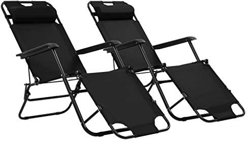 2-er Set Klappbare Sonnenliegen Liegestuhl mit Kopfkissen & Fußablage, Gartenliege aus Stahlrahmen & Polyester, Garten Liege Hochlehner mit Verstellbarer Rückenlehne und Armlehnen, 175 x 61 x 87 cm