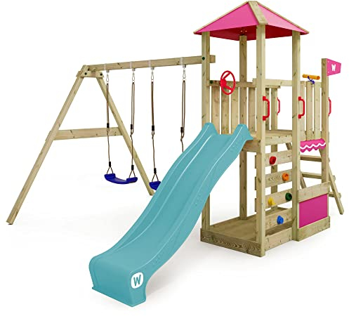 WICKEY Spielturm Klettergerüst Smart Savana mit Schaukel & türkiser Rutsche, Outdoor Kinder Kletterturm mit Sandkasten, Leiter & Spiel-Zubehör für den Garten