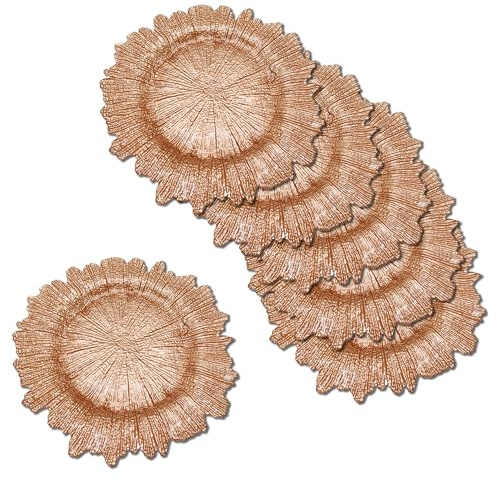 Trimming Shop Charger Plate Rose Gold with Vintage Design Style, 6pcs | 33cm (13 Inch) Decorative Dinner Chargers for Table Setting, Wedding, Party, Home & Event Décor, Dinner Table Decoration