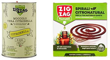 Zig Zag, Candela all'Olio Essenziale di Citronella, Moccolo per Interni, made in Italy, stoppino a base di fibra naturale, durata 24 Ore & Spirali Citronatural, Naturali senza insetticida per esterno