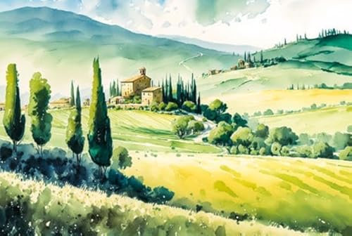 adrium Acryl-Bild 130 x 90 cm: Druckbare toskanische Landschaft, italienisches Dorf auf grünem Hügel, Aquarellkunst (196002010)
