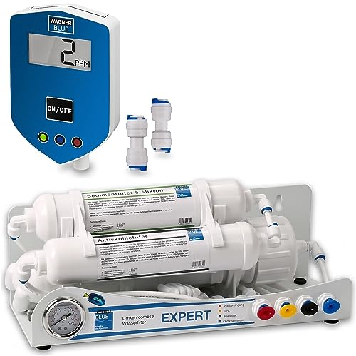 Wagner Blue Umkehrosmose Wasserfilter EXPERT 50 GPD (190 Liter/Tag) inkl. Inline-TDS Wassertester | 3 stufige Osmoseanlage für Aquarium | Professionelle Wasserfilter zur Herstellung von Osmosewasser