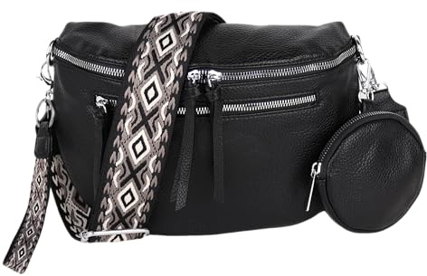 MIRROSI® Bauchtasche Damen, Veganleder 30x20x9cm, Umhängetasche, Brusttasche, Crossbody bag, Kunstleder leder, verstellbare Schulterriemen Bohemian Style