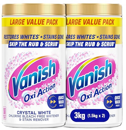Vanish Gold Oxi Action Stain Remover and Whitening Booster Powder For Whites 1.5 kg, Removes Tough Stains Even at 20°C, Restores Whiteness of Greyed Fabrics (Packaging May Vary) (Pack of 2)