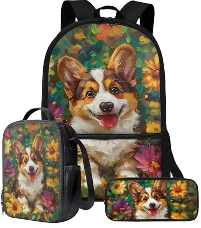 Xoenoiee Cute Corgi Flowers Paint Pattern Backpack Set for Kids Boys Girls 17in Large School Bag with Lunch Bag Pencil Bag Primary Elementary Bookbag 3 Pcs Set