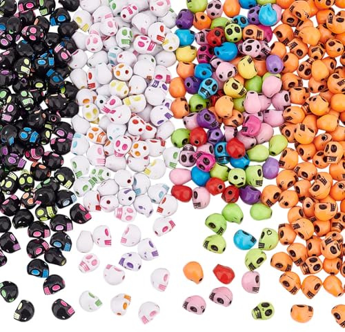 arricraft 400 Stück Halloween Totenkopfperlen Aus Acryl 4 Stil Gemischte Farben Skelette Totenkopf Perlen 7.5mm Breit 9.5mm Lang Abstandsperlen Für Die Herstellung von Armbändern Halsketten