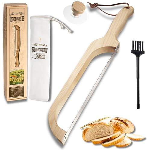 LLOTUS Bread Knife Package Slicer for Sourdough Bread, 16.5 Premium Wooden Bow Design, Premium Stainless Steel Serrated Saw, Cutter for cutting Loaf, Sandwich, Bagels, Homemade Bread (Birch)