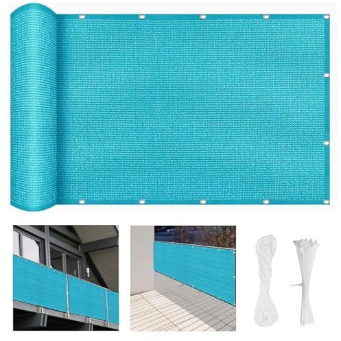 Balkonbespannung Nach Mass 1000 x 200 cm Blickdichte Wind Uv-Schutz, Sicherheit Datenschutz-Schutzbildschirme, mit Kabelbinder Und Kordel, für Camping Swimming Pool, Himmelblau