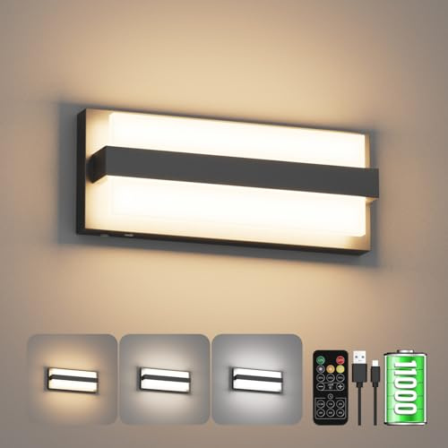 Klighten Led Dimmable Applique murale Intérieur avec Batterie, 11000mAh, 3000K -6000K Touch Lampe murale sans fil avec Télécommande, Applique avec Fonctions de Timing, pour chambre, USB-C, 8W, Noir