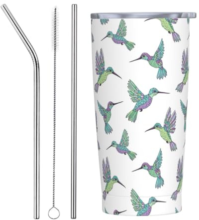 VOSERY Botella de agua de 20 onzas con tapa y popote, con estampado de colibrí, vaso aislado blanco de acero inoxidable, taza de café de viaje, vaso personalizado
