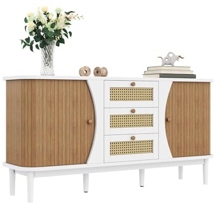 YEHTOKHOME Buffet,Meuble en rotin avec 3 tiroirs,Commode avec Portes coulissantes,Meuble Multifonctionnel avec Espace de Rangement,organizzatore avec Pieds en Bois Massif (Blanc)