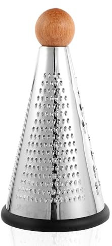 Cone Parmesan Cheese Grater - Stainless Steel Triple Function Wood Table Parmesan Shaver Non-Slip Rubber Bottom Hand Held Multifunction Vegetables Grater for Kitchen (L: 9 X 4.7)