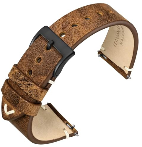 ANNEFIT Vintage Correa de Reloj para Hombre y Mujer, Cuero Retro Italiano, Correas de Repuesto con Liberación Rápida 20mm con Hebilla Negra (Marrón Amarillo)