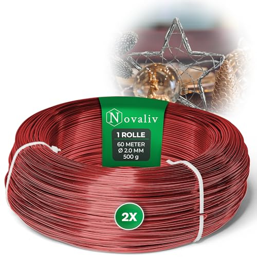 Novaliv 120 Meter Aluminiumdraht 2mm Rot, Basteldraht ideal als Biegedraht zum basteln, Vielseitig für DIY-Projekte und Dekorationen, 60m Rolle Dekodraht, Blumendraht, kein Schmuckdraht