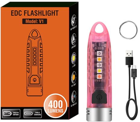 MVIOCS V1 rosa mini-nyckelring LED-ficklampa, 400 LM kraftfull 12 lägen med UV-röd, blå, gul, sidoljus, uppladdningsbar nöd-EDC-ficklampa för daglig användning, utomhus