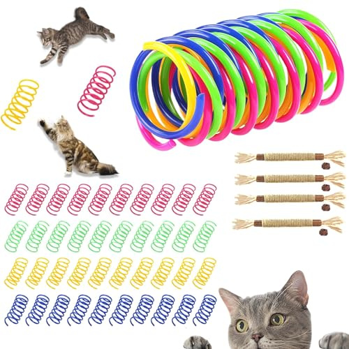 agogue 44 Stück Spirale Katzenspielzeug Spirale, Katzen Spielzeug Kitten, Cat Toys Zahnputzflocken für Katzen Zahnpflege Spielzeug Katze Set mit 40 Federspiralen und 4 Zahnstochern