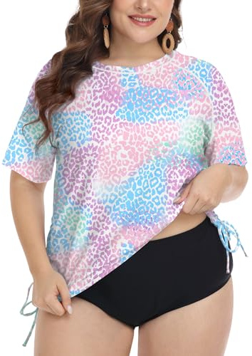 FOREYOND Plus Size Swim Tops Women Short Sleeve Rash Guard Shirts UPF 50+ Sun Protection Swimwear Swim Suits, Blue Purple Point, 4XL Plus