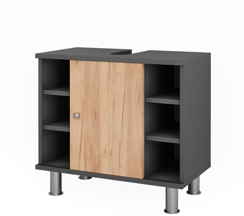Vicco Waschbeckenunterschrank Fynn, Goldkraft Eiche/Anthrazit, 60 x 54 cm | mit 6 Ablage, mit Aussparung für Siphon und offenen Ablageflächen