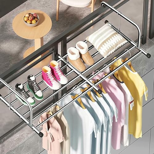 Tendedero Extensible para balcón, tendedero de Pared, Plegable, de Acero Inoxidable, para Ventanas de Seguridad y barandillas (Plateado, 87 x 160 cm)