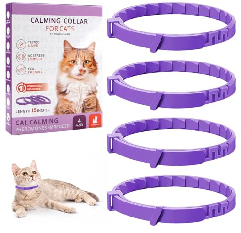 Collare Calmante per Gatti 4 Pezzi, Anti-Stress Naturale con Feromoni, Colore Viola, Misura Regolabile ed Effetto 30 Giorni, per Gattini e Gatti Adulti