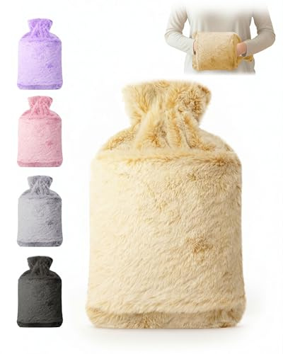 KEPLIN Hot Water Bottle 2L with Soft Faux Fur Cover, Leakproof Natural Rubber, Long Lasting Warmth for Neck, Back & Hands, Fluffy Cosy Design for Men & Women, Winter Comfort - Cream