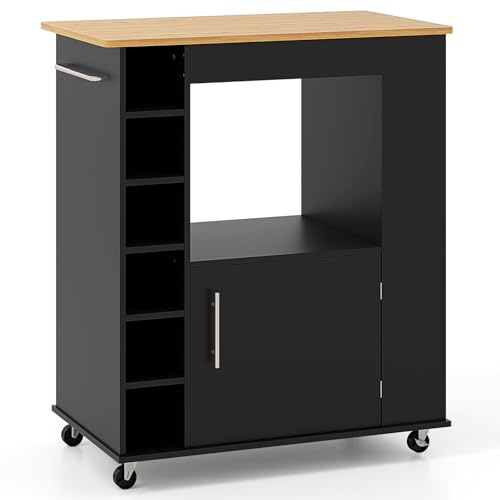 COSTWAY Kitchen Storage Trolley on Wheels, Rolling Kitchen Island with Cabinet, Open Shelf, 6 Wine Holders, Bamboo Worktop, 3 Spice Racks & Towel Rack, Utility Storage Cart for Dining Room (Black)