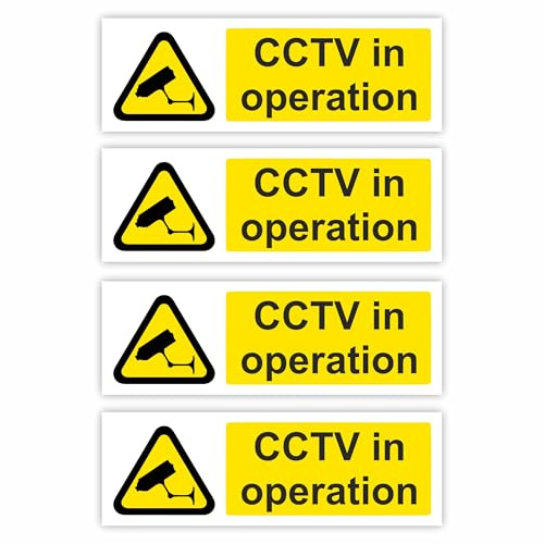 4-Pack CCTV In Operation Self Adhesive Signs / 5x15cm Each (Pack of 4) / Landscape Orientation Removable & Wipeable/Indoor or Outdoor Stickers/Gloss Finish /