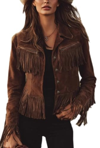 RISCUYY Fringe Jacket Women Faux Suede Vintage Cowgirl Style Tassel Button Up Long Sleeve Lapel Womens Western Jacket 2026