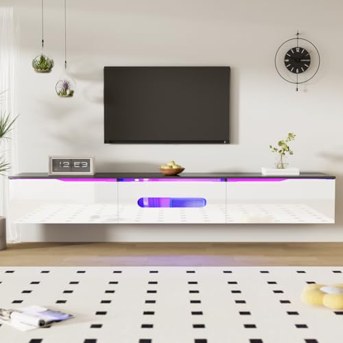 Generisch Meuble TV noir et blanc, 180 cm de long, surface brillante, avec éclairage LED 16 couleurs, à fixer au mur,Blanc