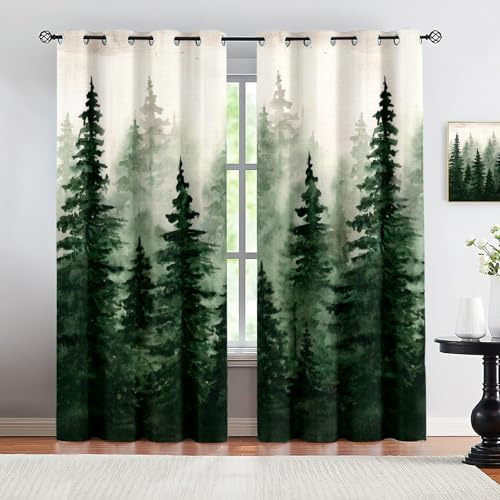 VELOMEA Nebelwald Vorhänge, Wald Landschaft Natur Gardinen, Blickdicht Verdunkelungsvorhang mit Ösen für Wohnzimmer Schlafzimmer Deko 2er Pack 107x114 cm