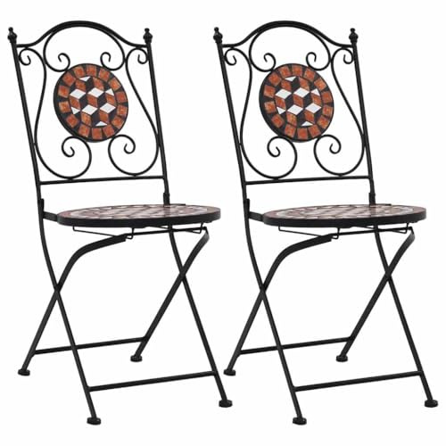 Tonture Bistrostühle Mosaik 2er Set, Keramik Braun, pulverbeschichteter Eisenrahmen, 37x44x87 cm, für Balkon, Terrasse, Garten, Essbereich, langlebig, wetterfest