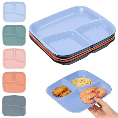 Sutowe 5er-Pack unzerbrechliche Essteller für gesunde Ernährung, 25x22cm Teller mit 3 Fächern zur Portionskontrolle, BPA-frei, für Kinder und Erwachsene zum Picknicken