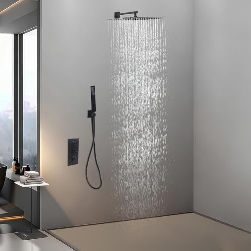 Set doccia da incasso, 40 cm, nero, termostatico, doccia a pioggia e doccetta, set doccia con acqua calda e fredda, 38 °C, fermata di sicurezza, G ½ pollici, montaggio a parete