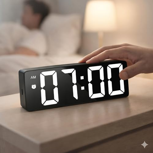 Horktrust Réveil Numérique LED avec Température, Horloge à Commande Vocale pour Table et Bureau, 3 Niveaux de Luminosité, Réveil Matin à Piles ou Secteur USB, Design Moderne, Noir/Blanc