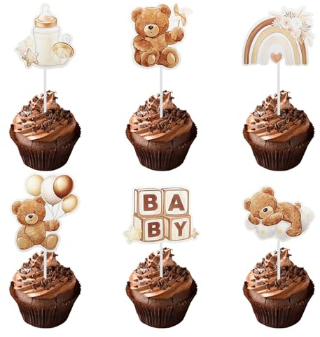 NYVOR 24 stycken tårtbjörn, topper cupcake, tårtdekoration, 6 mönster, icke-toxikologiska dessertdekorationer, dop, baby, födelsedag, könsavslöjande, brun, neutral dekoration