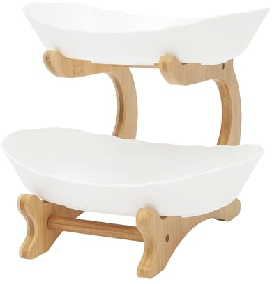 MEHOOSPVN Fruit Bowl, Bamboo Wood Tiered Fruit Bowl, 2-Tier Large Capacity Fruit Baskets, Fruit Holder for Kitchen Countertop, Plastic Food Basket for Kitchen, Party, Restaurant, Vegetable, Snacks
