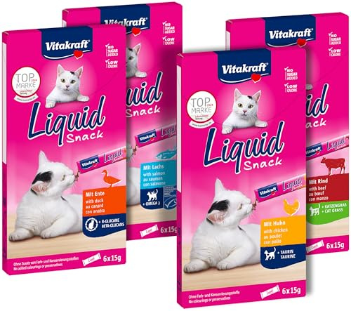 Bundle aus Vitakraft Liquid Snacks, flüssiger Katzen Leckerli, mit Huhn und Taurin, mit Ente und Beta Glucane, mit Lachs und Omega 3 Fettsäuren, mit Rind und Katzengras
