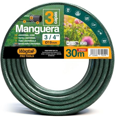 Manguera de Jardín 30 m 3/4” (Ø19mm), Manguera de Riego de 3 Capas, Presión Máx. 20 Bar, Protección UV y Sistema Anti-Algas, Flexible para Jardín y Exterior (3/4pulgadas, 300, Centímetros)