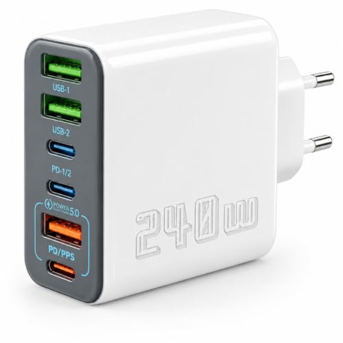 Cargador USB C 240W 6 Puertos, Cargador Multiple con 3 USB-C y 3 USB-A | 6 Puertos PD PPS QC5.0 25W + 15W Cargador Movil Multiple para iPhone Samsung Huawei Tablet Auriculares Reloj Oficina Viaje