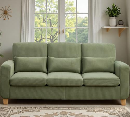 EBELLO Sofa 3 Sitzer, Cord Sofa 188CM, Bequemes Couch mit Extra Tiefer Sitz, Modernes Wohnzimmer Sofa mit 3 Kissen&Seitentaschen, Einfach Montage Big Sofa Couch für Schlafzimmer Büros, Grasgrün