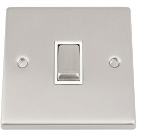 Light Switch Single 1 Gang - Satin Matt Chrome - Square - White Insert - Metal Rocker Switch - 10 Amp 1 Gang 2 Way