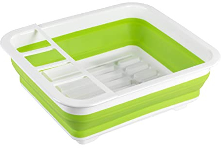 WENKO Diskställ Gaia vikbar, hopfällbar servis droppställ för köket, droppställ med bestickhållare och tallriksställ, plast, 36,5 x 13 x 31 cm, grön/vit