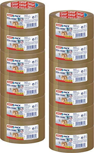 tesa 12 Rollen Ultra Strong Packband (aus PVC mit besonders starker Klebekraft, 66 m x 50 mm, 3er Pack) braun
