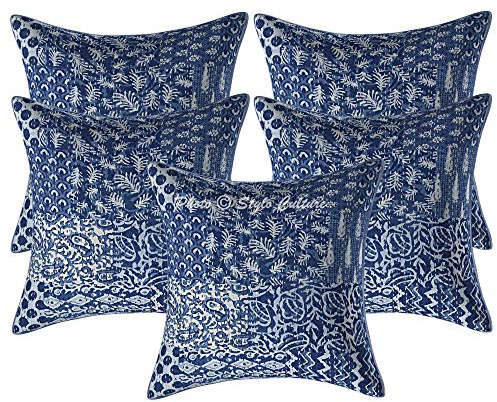 Stylo Culture Bohemio Forros para Cojines Decorativos 45x45 cm Algodón Patchwork Fundas De Almohadones Cama Azul Índigo 18x18 Inch Patchwork Kantha Cuadrado sobre Fundas De Cojines De Sofa - 5 Pcs