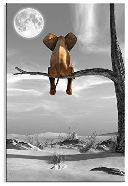 Visario Leinwandbild Elefant Baum Mondschein 80x60 cm 4011 Fertig Gerahmt auf Holzrahmen - Wandbild Surreal Mondschein Nacht Mond Kunstdruck Modern Wanddeko Wohnzimmer Schlafzimmer Büro Deko Geschenk