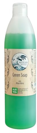 Green Soap Tattoo 500 ml Water Law, Sapone Liquido per Tatuaggi, Detergente Professionale con Aloe Vera, Glicerina e Mentolo, Sapone Neutro Tatuaggi per la pulizia della pelle prima del tatuaggio