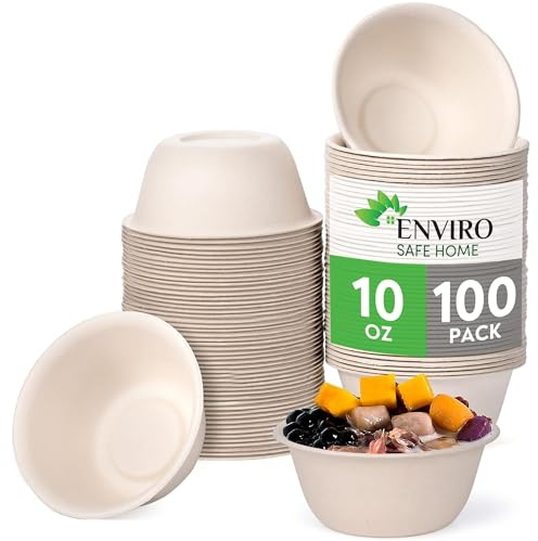 Enviro Safe Home 10 Oz Bamboo Disposable Bowls For Hot Soup, 100 Pack - Small, Heavy Duty, Microwavable, Oven Safe - Perfect for Hot Food, Meals, Acai & More - Eco-Friendly, Leak-Proof
